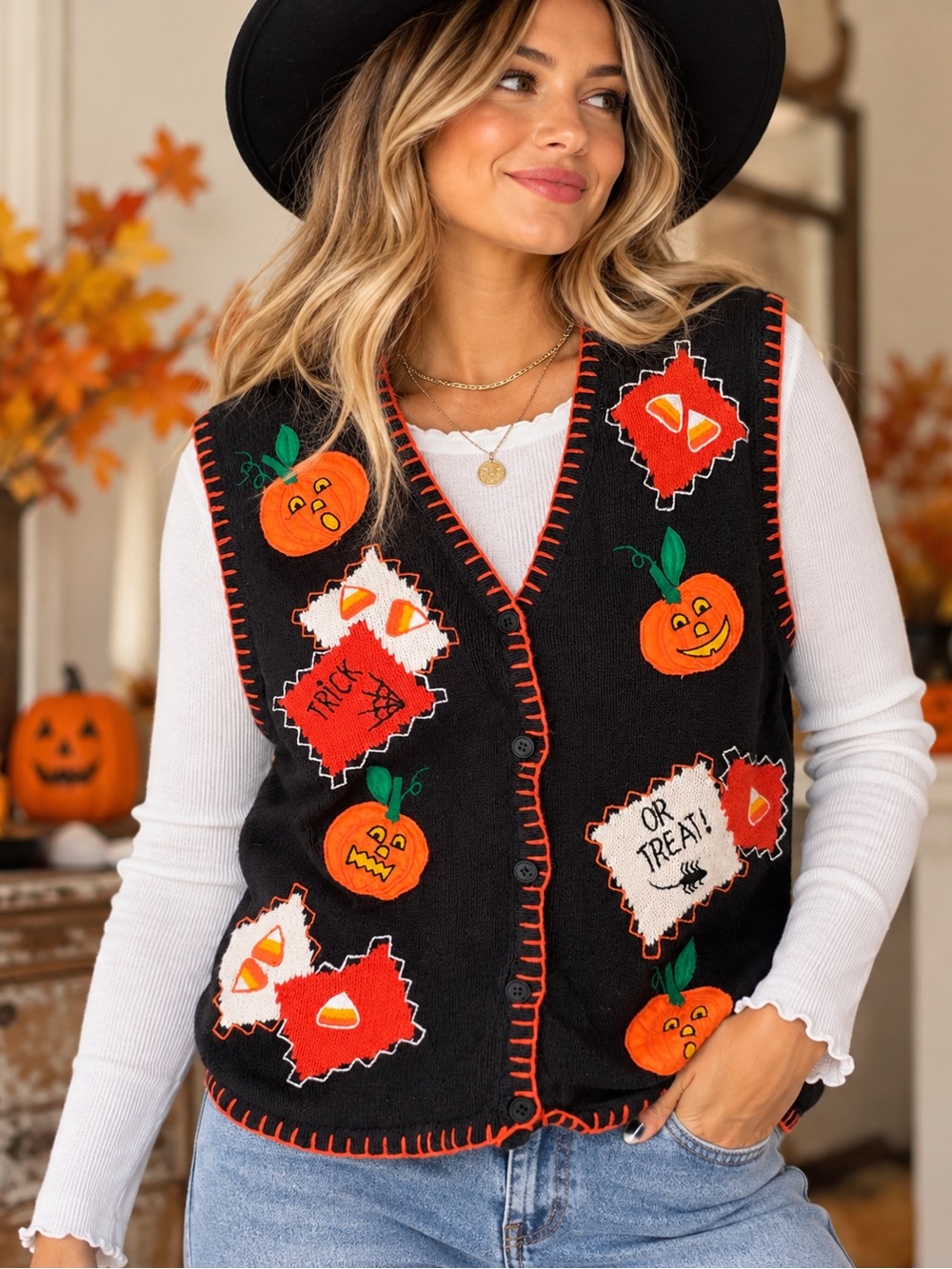 Bobbie Brooks Vintage 90s Halloween Fall Novelty Pumpkin Dopamine Vest L